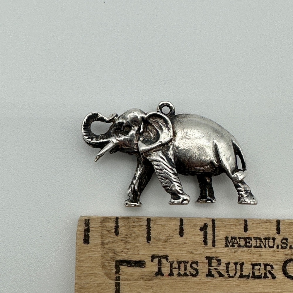 Vintage Silver Tone Elephant Charm Pendant Good Luck Trunk Up Animal Jewelry - Picture 5 of 5